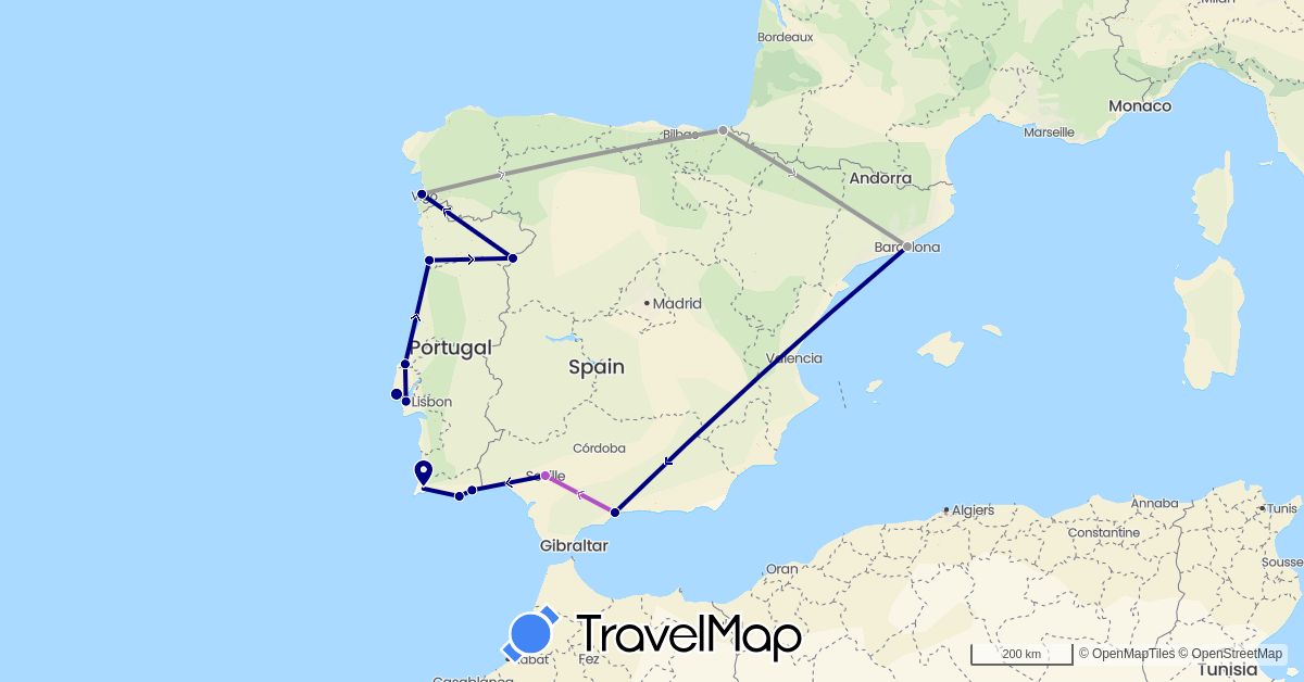 TravelMap itinerary: driving, plane, train in Spain, Portugal (Europe)